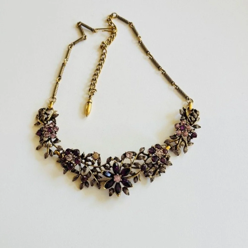 VTG‎ Flower Crystal Rhinestone Necklace Bronze Rare Regency Purple Lilac Floral